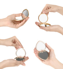 Collage with photos of women holding different pocket mirrors on white background, closeup