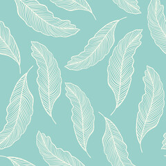 Fototapeta premium Seamless pattern with leaves vector. Background with silhouette of leaves on a green background. Botanical natural repeating backdrop.