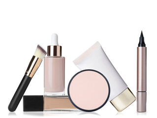 Set with different decorative cosmetics on white background. Luxurious makeup products