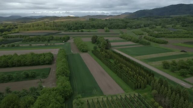 Aerial revaeling of agriculture fields during sunset
