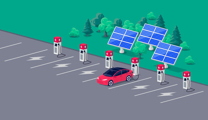 Electric car charging on parking lot area with fast supercharger station and many charger stalls. Vehicle on renewable solar panel power station electricity network grid. Flat vector illustration.