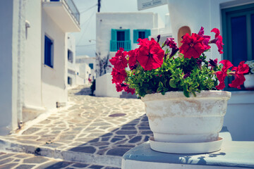 Picturesque Naousa town street on Paros island, Greece