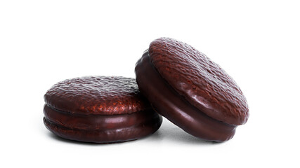 Chocolate dessert chocopie isolated on white background. Chocolate sponge cake. Chocolate cookies.