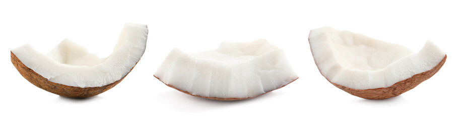 Set with pieces of ripe coconut on white background. Banner design