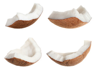 Set with pieces of ripe coconut on white background