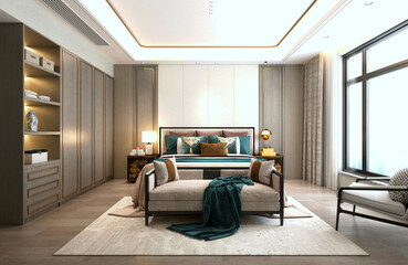 3d render of luxury hotel room, bedroom