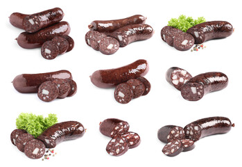 Set with tasty blood sausages on white background