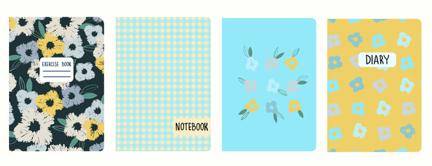 Fototapeta na wymiar Set of cover page templates with viola flowers and hand drawn trendy gingham checks. Based on seamless patterns. Headers isolated and replaceable. Perfect for school notebooks, notepads, diaries