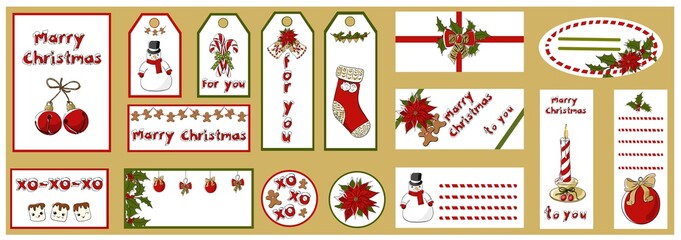 A set of Christmas cards, invitations, and gift tags. Hand drawn,doodle,cartoon.