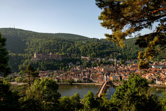 Blick vom Philosophen Weg auf Altstadt, alte Br&uuml;cke und Schlo&szlig; in Heidelberg.