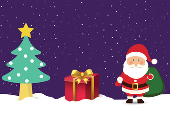 Santa Claus gift and Christmas tree snowy. Merry Christmas greeting card with Christmas tree, gift boxes and falling snow. Merry Christmas celebration background with cute Santa Claus.