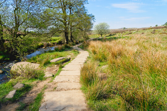 Winding gritstone path at the side of Burbage Brook across moorland in Derbyshire