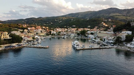 Fototapeta na wymiar An Ariel drone shot of Kassiopi harbor, Greece, Corfu 