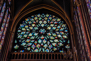 Interiors of an old church with stained glass windows