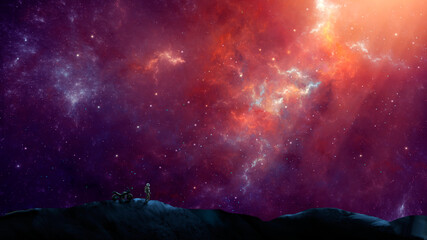 Silhouette astronaut and motorbike standing on mountain with colorful nebula. Space, motorbike, travel background. 3D rendering