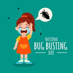 Vector illustration, little girl crying from being attacked by head lice, as a banner or poster, National Bug Busting Day. - obrazy, fototapety, plakaty