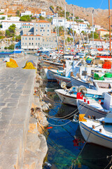 View of Boats in row Hydra Island at Saronikos Gulf in Greece - 439313279