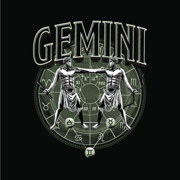 Signo Astrol&oacute;gico de G&eacute;minis. Gemini Astrolog&iacute;a. Zod&iacute;aco. Castor y Polux. Tarjeta de brujer&iacute;a. Dibujo a mano, personaje masculino de leyenda m&aacute;gico. Hor&oacute;scopo. Mito. Mitol&oacute;gico