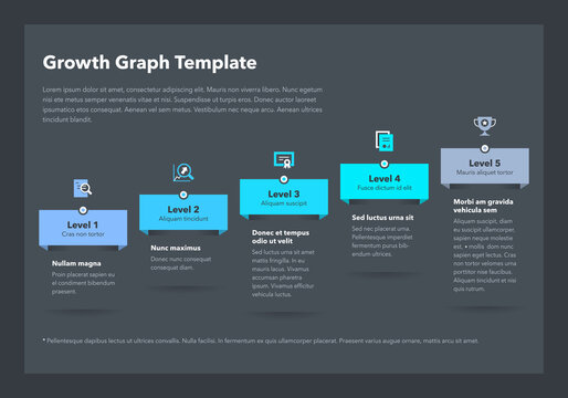 Modern business growth graph template with five successive steps - dark version. Easy to use for your website or presentation.