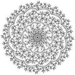 Delicate mandala with curls and doodles leaves, meditative page with herbal patterns