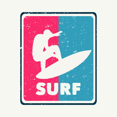 t shirt design surf with silhouette man surfing flat illustration