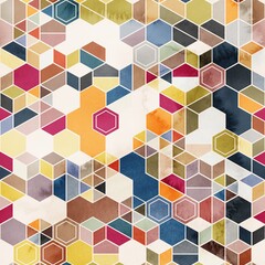 Obraz premium Seamless pattern of hexagons in random colors in watercolor. High quality illustration. Tile mosaic arrangement of triangles, trapezoids, and hexagons, in honeycomb arrangement. Design for print.