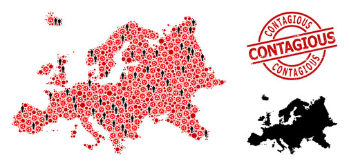 Mosaic map of Europe united from covid virus items and humans icons. Contagious grunge seal. Black person elements and red covid virus icons. Contagious caption inside round seal.
