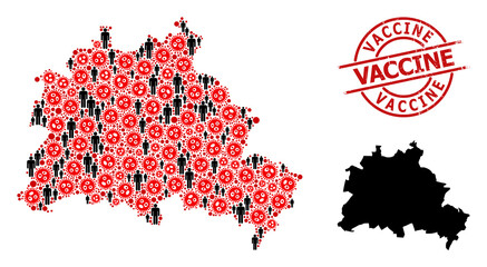 Collage map of Berlin City united from virus items and humans items. Vaccine scratched seal. Black crowd icons and red SARS virus items. Vaccine text is inside round seal stamp.