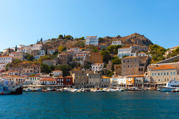 View of main port in Hydra island in Greece Saronikos Gulf - 439313877