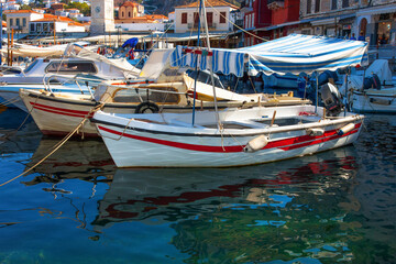 Boats in row in port Hydra Island at Saronikow Gulf in Greece at Capitol - 439314023