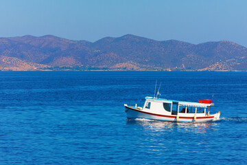 Taxi boat entering Hydra island in saronikos gulf in Greece - 439314246