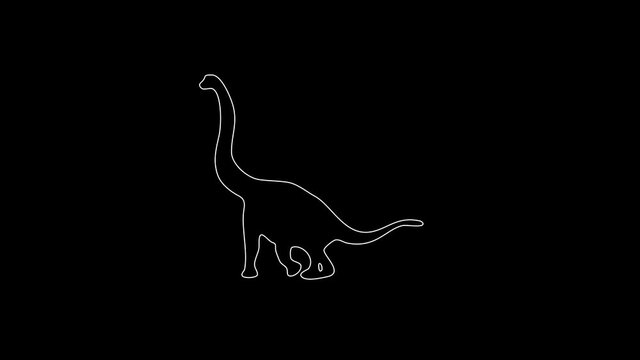 white linear silhouette of a diplodocus. the picture appears and disappears on a black background.