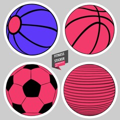 Football ball. Fit ball. Medicine ball. Basketball ball. Gym. Equipment. Fitness routine. Active lifestyle. Hand drawn colorful illustration. Sticker for printing. High resolution. Vector EPS10