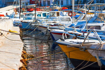 Boats in row Hydra Island at Saronikow Gulf in Greece at Capitol - 439314453