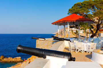 View from Canons at Hydra Island Saronikos gulf in Greece - 439314484