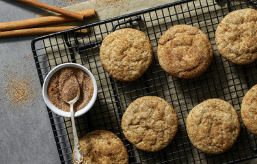 Closeup of Snickerdoodle cookies on a tray