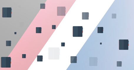 Naklejka premium Composition of black notebooks with dividers floating on grey, pink and white banded background