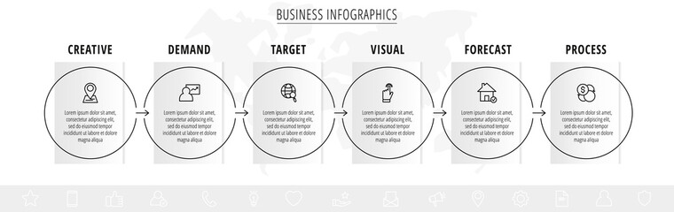 Minimal infographics circles. Line vector business concept of 6 steps by step, options, labels. Flat template with six ways for diagram, flowchart, chart