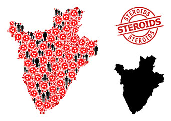 Fototapeta premium Mosaic map of Burundi organized from virus outbreak icons and men items. Steroids scratched seal stamp. Black men icons and red virus elements. Steroids text inside round seal stamp.