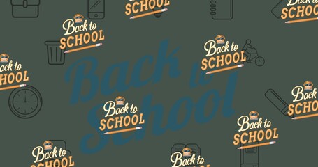 Fototapeta na wymiar Composition of repeated back to school text over back to school and drawings on chalkboard