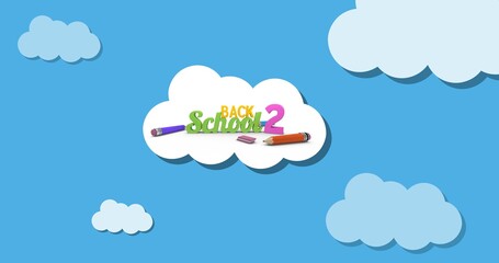 Composition of back 2 school in colourful text with pencils and eraser on white cloud in blue sky