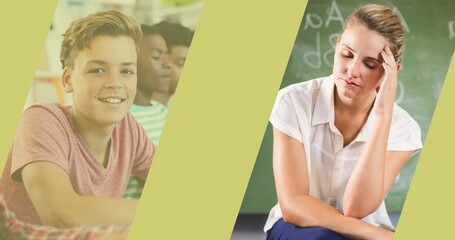 Composition of green bands over a stressed female teacher and a smiling schoolboy