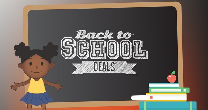 Composition of text back to school deals on chalkboard with cartoon schoolgirl, books and apple