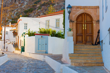 Among streets in Hydra Island in Greece in Saronikos Gulf - 439314810