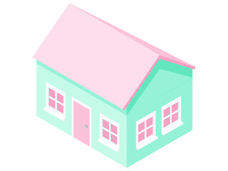 Simple Flat Isometric Light Blue and Pink Color House Vector Illustration Icon