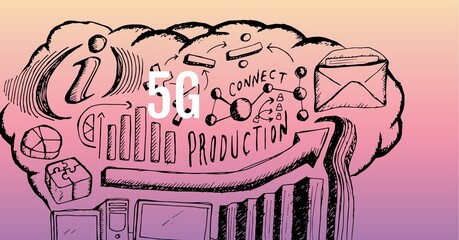5g text over multiple business concept digital icons against pink gradient background