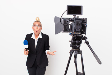 pretty blond woman amazed, shocked and astonished with an unbelievable surprise and holding a...