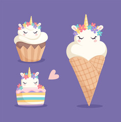 Unicorn sweets. Ice cream, cupcake and color rainbow cake with cartoon unicorns. Fantastic horses or pony desserts vector illustration