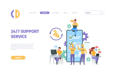 Call center landing. Web 24 hotline help operator online consultant service provider garish vector business template