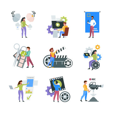 Video production. Filmmaker characters shooting and filming on cameras videography multimedia concept pictures garish vector collection of flat illustrations